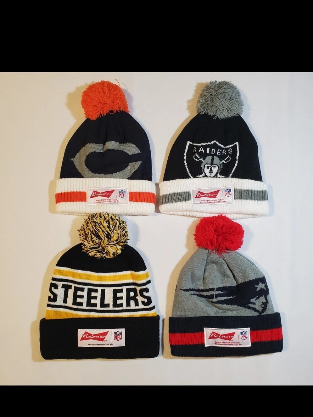 Lot of 4 NFL Budweiser Promo Toque Beanies - Steelers Raiders Patriots Bears Set